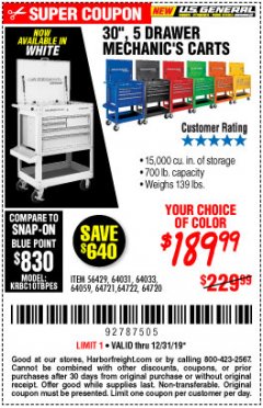 Harbor Freight Coupon 30", 5 DRAWER MECHANIC'S CARTS (ALL COLORS) Lot No. 64031/64030/64032/64033/64061/64060/64059/64721/64722/64720/56429 Expired: 12/31/19 - $189.99