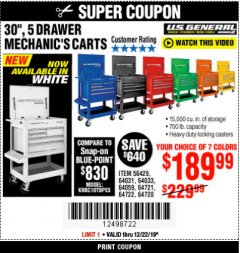 Harbor Freight Coupon 30", 5 DRAWER MECHANIC'S CARTS (ALL COLORS) Lot No. 64031/64030/64032/64033/64061/64060/64059/64721/64722/64720/56429 Expired: 12/22/19 - $189.99