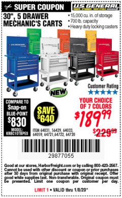 Harbor Freight Coupon 30", 5 DRAWER MECHANIC'S CARTS (ALL COLORS) Lot No. 64031/64030/64032/64033/64061/64060/64059/64721/64722/64720/56429 Expired: 1/8/20 - $189.99