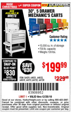 Harbor Freight Coupon 30", 5 DRAWER MECHANIC'S CARTS (ALL COLORS) Lot No. 64031/64030/64032/64033/64061/64060/64059/64721/64722/64720/56429 Expired: 12/26/19 - $199.99