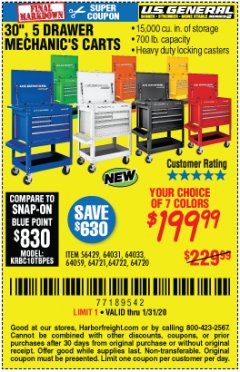 Harbor Freight Coupon 30", 5 DRAWER MECHANIC'S CARTS (ALL COLORS) Lot No. 64031/64030/64032/64033/64061/64060/64059/64721/64722/64720/56429 Expired: 1/31/20 - $199.99