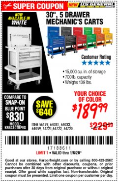 Harbor Freight Coupon 30", 5 DRAWER MECHANIC'S CARTS (ALL COLORS) Lot No. 64031/64030/64032/64033/64061/64060/64059/64721/64722/64720/56429 Expired: 1/6/20 - $189.99