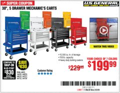 Harbor Freight Coupon 30", 5 DRAWER MECHANIC'S CARTS (ALL COLORS) Lot No. 64031/64030/64032/64033/64061/64060/64059/64721/64722/64720/56429 Expired: 2/2/20 - $199.99