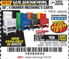 Harbor Freight Coupon 30", 5 DRAWER MECHANIC'S CARTS (ALL COLORS) Lot No. 64031/64030/64032/64033/64061/64060/64059/64721/64722/64720/56429 Expired: 12/31/20 - $189.99