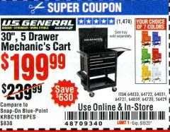 Harbor Freight Coupon 30", 5 DRAWER MECHANIC'S CARTS (ALL COLORS) Lot No. 64031/64030/64032/64033/64061/64060/64059/64721/64722/64720/56429 Expired: 8/8/20 - $199