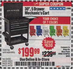 Harbor Freight Coupon 30", 5 DRAWER MECHANIC'S CARTS (ALL COLORS) Lot No. 64031/64030/64032/64033/64061/64060/64059/64721/64722/64720/56429 Expired: 7/5/20 - $199.99
