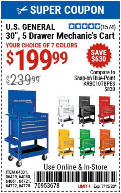 Harbor Freight Coupon 30", 5 DRAWER MECHANIC'S CARTS (ALL COLORS) Lot No. 64031/64030/64032/64033/64061/64060/64059/64721/64722/64720/56429 Expired: 7/15/20 - $199.99