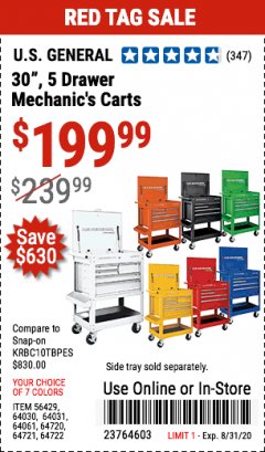 Harbor Freight Coupon 30", 5 DRAWER MECHANIC'S CARTS (ALL COLORS) Lot No. 64031/64030/64032/64033/64061/64060/64059/64721/64722/64720/56429 Expired: 8/31/20 - $199.99