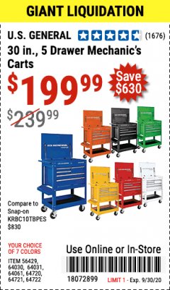 Harbor Freight Coupon 30", 5 DRAWER MECHANIC'S CARTS (ALL COLORS) Lot No. 64031/64030/64032/64033/64061/64060/64059/64721/64722/64720/56429 Expired: 9/30/20 - $199.99