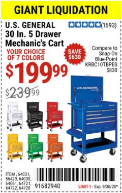 Harbor Freight Coupon 30", 5 DRAWER MECHANIC'S CARTS (ALL COLORS) Lot No. 64031/64030/64032/64033/64061/64060/64059/64721/64722/64720/56429 Expired: 9/30/20 - $199.99