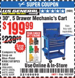 Harbor Freight Coupon 30", 5 DRAWER MECHANIC'S CARTS (ALL COLORS) Lot No. 64031/64030/64032/64033/64061/64060/64059/64721/64722/64720/56429 Expired: 10/23/20 - $199.99