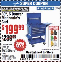 Harbor Freight Coupon 30", 5 DRAWER MECHANIC'S CARTS (ALL COLORS) Lot No. 64031/64030/64032/64033/64061/64060/64059/64721/64722/64720/56429 Expired: 10/16/20 - $199.99