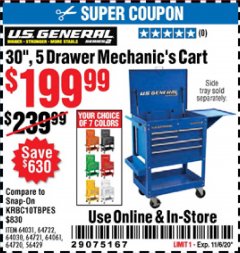 Harbor Freight Coupon 30", 5 DRAWER MECHANIC'S CARTS (ALL COLORS) Lot No. 64031/64030/64032/64033/64061/64060/64059/64721/64722/64720/56429 Expired: 11/6/20 - $199.99