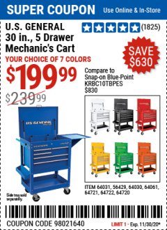 Harbor Freight Coupon 30", 5 DRAWER MECHANIC'S CARTS (ALL COLORS) Lot No. 64031/64030/64032/64033/64061/64060/64059/64721/64722/64720/56429 Expired: 11/30/20 - $199.99