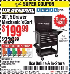 Harbor Freight Coupon 30", 5 DRAWER MECHANIC'S CARTS (ALL COLORS) Lot No. 64031/64030/64032/64033/64061/64060/64059/64721/64722/64720/56429 Expired: 12/18/20 - $199.99