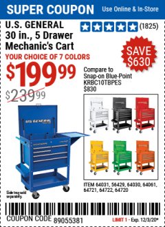 Harbor Freight Coupon 30", 5 DRAWER MECHANIC'S CARTS (ALL COLORS) Lot No. 64031/64030/64032/64033/64061/64060/64059/64721/64722/64720/56429 Expired: 12/3/20 - $199.99