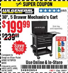 Harbor Freight Coupon 30", 5 DRAWER MECHANIC'S CARTS (ALL COLORS) Lot No. 64031/64030/64032/64033/64061/64060/64059/64721/64722/64720/56429 Expired: 1/8/21 - $199.99