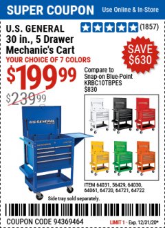 Harbor Freight Coupon 30", 5 DRAWER MECHANIC'S CARTS (ALL COLORS) Lot No. 64031/64030/64032/64033/64061/64060/64059/64721/64722/64720/56429 Expired: 12/31/20 - $199.99
