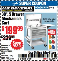 Harbor Freight Coupon 30", 5 DRAWER MECHANIC'S CARTS (ALL COLORS) Lot No. 64031/64030/64032/64033/64061/64060/64059/64721/64722/64720/56429 Expired: 2/5/21 - $199.99