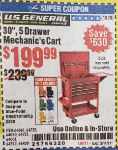 Harbor Freight Coupon 30", 5 DRAWER MECHANIC'S CARTS (ALL COLORS) Lot No. 64031/64030/64032/64033/64061/64060/64059/64721/64722/64720/56429 Expired: 2/11/21 - $199.99