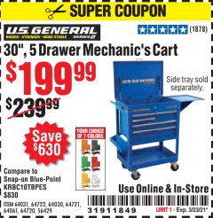Harbor Freight Coupon 30", 5 DRAWER MECHANIC'S CARTS (ALL COLORS) Lot No. 64031/64030/64032/64033/64061/64060/64059/64721/64722/64720/56429 Expired: 3/23/21 - $199.99