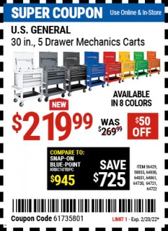 Harbor Freight Coupon 30", 5 DRAWER MECHANIC'S CARTS (ALL COLORS) Lot No. 64031/64030/64032/64033/64061/64060/64059/64721/64722/64720/56429 Expired: 2/20/22 - $219.99