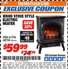 Harbor Freight ITC Coupon WOOD STOVE STYLE ELECTRIC HEATER Lot No. 61796/68754 Expired: 1/31/19 - $59.99