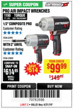 Harbor Freight Coupon 1/2" HIGH TORQUE AIR IMPACT WRENCH EARTHQUAKE EQ12XT Lot No. 62891 Expired: 4/21/19 - $99.99
