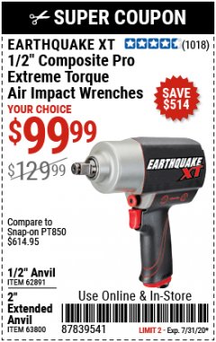 Harbor Freight Coupon 1/2" HIGH TORQUE AIR IMPACT WRENCH EARTHQUAKE EQ12XT Lot No. 62891 Expired: 7/31/20 - $99.99