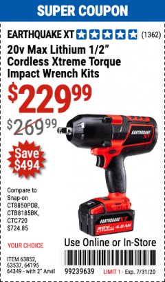 Harbor Freight Coupon 1/2" HIGH TORQUE AIR IMPACT WRENCH EARTHQUAKE EQ12XT Lot No. 62891 Expired: 7/31/20 - $229.99