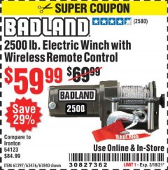 Harbor Freight Coupon 2500 LB. ELECTRIC WINCH Lot No. 61297 Expired: 3/18/21 - $59.99