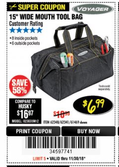 Harbor Freight Coupon VOYAGER 15" WIDE MOUTH TOOL BAG Lot No. 62348/62341/61469 Expired: 11/30/18 - $6.99