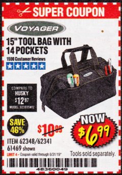 Harbor Freight Coupon VOYAGER 15" WIDE MOUTH TOOL BAG Lot No. 62348/62341/61469 Expired: 8/31/19 - $6.99