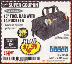Harbor Freight Coupon VOYAGER 15" WIDE MOUTH TOOL BAG Lot No. 62348/62341/61469 Expired: 10/31/19 - $6.99