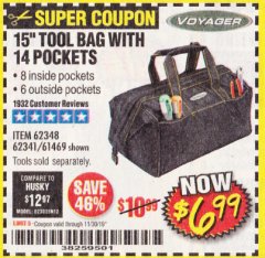 Harbor Freight Coupon VOYAGER 15" WIDE MOUTH TOOL BAG Lot No. 62348/62341/61469 Expired: 11/30/19 - $6.99