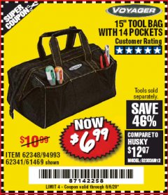 Harbor Freight Coupon VOYAGER 15" WIDE MOUTH TOOL BAG Lot No. 62348/62341/61469 Expired: 6/30/20 - $6.99