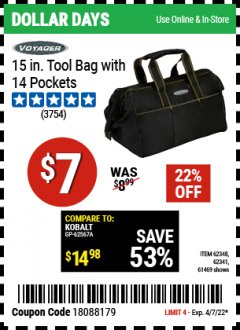 Harbor Freight Coupon VOYAGER 15" WIDE MOUTH TOOL BAG Lot No. 62348/62341/61469 Expired: 4/7/22 - $7