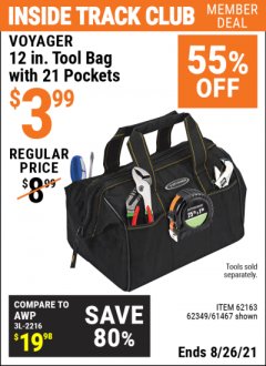 Harbor Freight ITC Coupon VOYAGER 12" WIDE MOUTH TOOL BAG Lot No. 38168/62163/62349/61467 Expired: 8/26/21 - $3.99