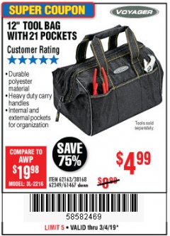 Harbor Freight Coupon VOYAGER 12" WIDE MOUTH TOOL BAG Lot No. 38168/62163/62349/61467 Expired: 3/4/19 - $4.99