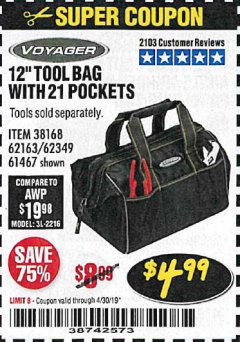 Harbor Freight Coupon VOYAGER 12" WIDE MOUTH TOOL BAG Lot No. 38168/62163/62349/61467 Expired: 4/30/19 - $4.99