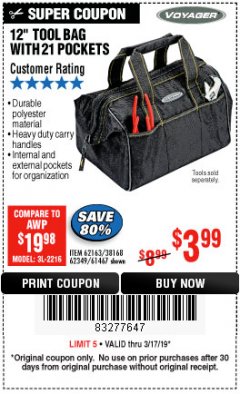Harbor Freight Coupon VOYAGER 12" WIDE MOUTH TOOL BAG Lot No. 38168/62163/62349/61467 Expired: 3/17/19 - $3.99