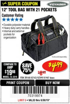 Harbor Freight Coupon VOYAGER 12" WIDE MOUTH TOOL BAG Lot No. 38168/62163/62349/61467 Expired: 6/30/19 - $4.99