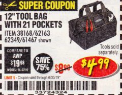 Harbor Freight Coupon VOYAGER 12" WIDE MOUTH TOOL BAG Lot No. 38168/62163/62349/61467 Expired: 6/30/19 - $4.99