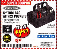 Harbor Freight Coupon VOYAGER 12" WIDE MOUTH TOOL BAG Lot No. 38168/62163/62349/61467 Expired: 3/31/20 - $4.99