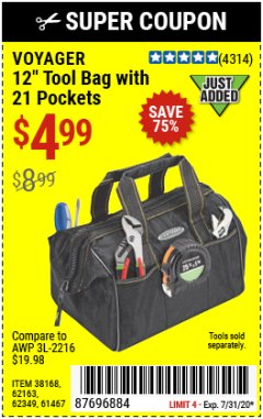 Harbor Freight Coupon VOYAGER 12" WIDE MOUTH TOOL BAG Lot No. 38168/62163/62349/61467 Expired: 7/31/20 - $4.99