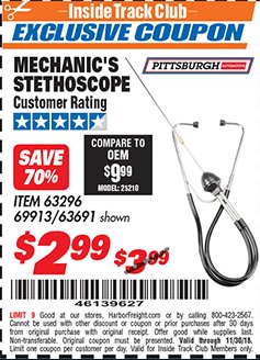 Harbor Freight ITC Coupon MECHANIC'S STETHOSCOPE Lot No. 63296/69913/63691 Expired: 11/30/18 - $2.99