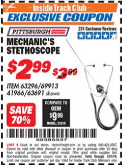 Harbor Freight ITC Coupon MECHANIC'S STETHOSCOPE Lot No. 63296/69913/63691 Expired: 1/31/19 - $2.99