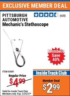 Harbor Freight ITC Coupon MECHANIC'S STETHOSCOPE Lot No. 63296/69913/63691 Expired: 2/25/21 - $2.99