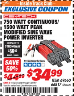 Harbor Freight ITC Coupon 750 WATT CONTINUOUS/1500 WATT PEAK POWER INVERTER Lot No. 66817/69660 Expired: 1/31/20 - $34.99