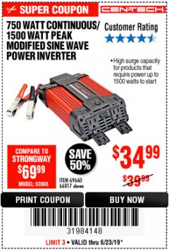 Harbor Freight Coupon 750 WATT CONTINUOUS/1500 WATT PEAK POWER INVERTER Lot No. 66817/69660 Expired: 6/23/19 - $34.99